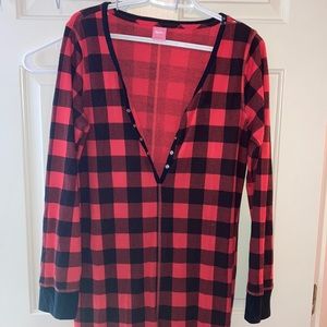 Red and black Buffalo checkered holiday pajama onesie